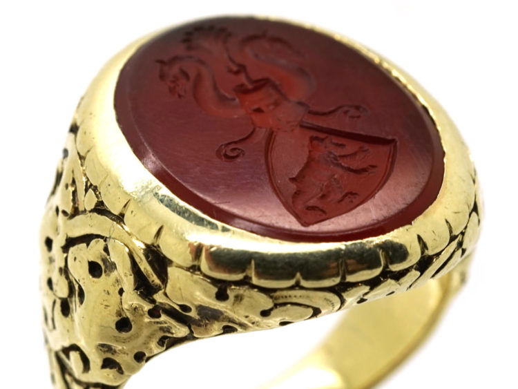 14ct Gold Signet Ring With Carnelian Intaglio of Two Swans & A Bear