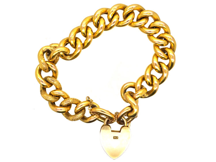 Edwardian 9ct Gold Curb Bracelet With Alternate Engraved & Plain Links
