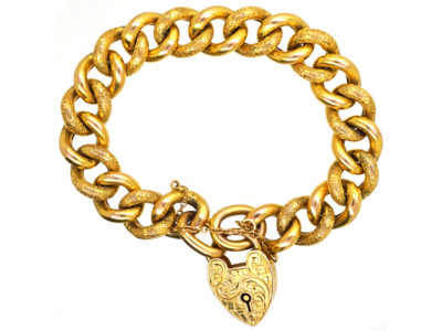Edwardian 9ct Gold Curb Bracelet With Alternate Engraved & Plain Links