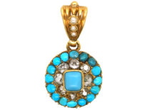 Victorian 18ct Gold, Turquoise, Natural Split Pearl & Diamond Pendant