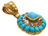 Victorian 18ct Gold, Turquoise, Natural Split Pearl & Diamond Pendant