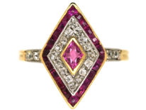 Art Deco 18ct Gold & Platinum, Ruby & Diamond, Diamond Shaped Ring