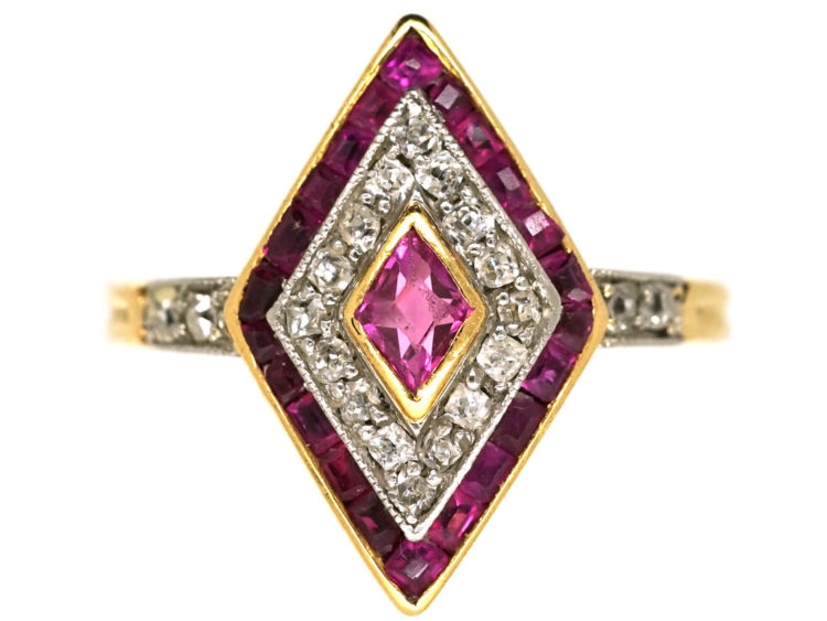Art Deco 18ct Gold & Platinum, Ruby & Diamond, Diamond Shaped Ring