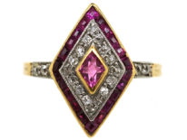 Art Deco 18ct Gold & Platinum, Ruby & Diamond, Diamond Shaped Ring