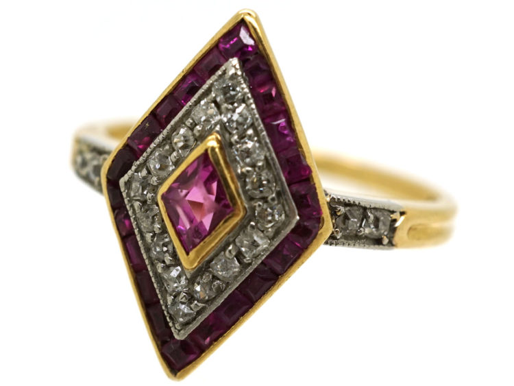 Art Deco 18ct Gold & Platinum, Ruby & Diamond, Diamond Shaped Ring
