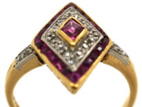Art Deco 18ct Gold & Platinum, Ruby & Diamond, Diamond Shaped Ring