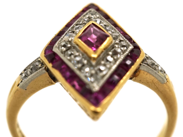Art Deco 18ct Gold & Platinum, Ruby & Diamond, Diamond Shaped Ring