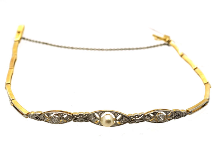 Edwardian 15ct Gold & Platinum, Pearl & Diamond Bracelet