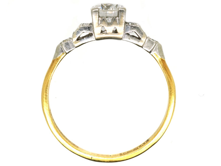 Art Deco 18ct Gold & Platinum, Diamond Solitaire Ring With Step Cut Diamond Shoulders