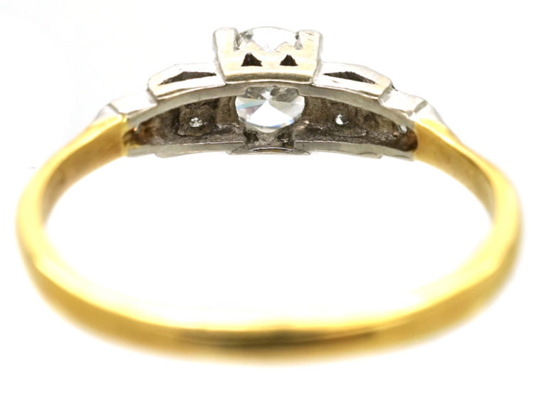 Art Deco 18ct Gold & Platinum, Diamond Solitaire Ring With Step Cut Diamond Shoulders