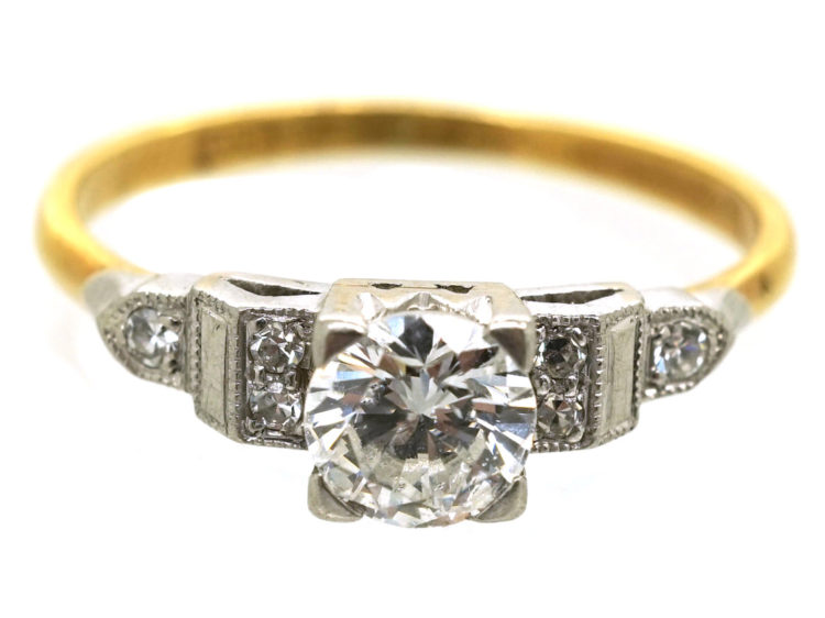 Art Deco 18ct Gold & Platinum, Diamond Solitaire Ring With Step Cut Diamond Shoulders