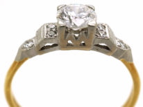 Art Deco 18ct Gold & Platinum, Diamond Solitaire Ring With Step Cut Diamond Shoulders
