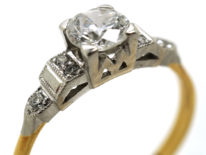 Art Deco 18ct Gold & Platinum, Diamond Solitaire Ring With Step Cut Diamond Shoulders