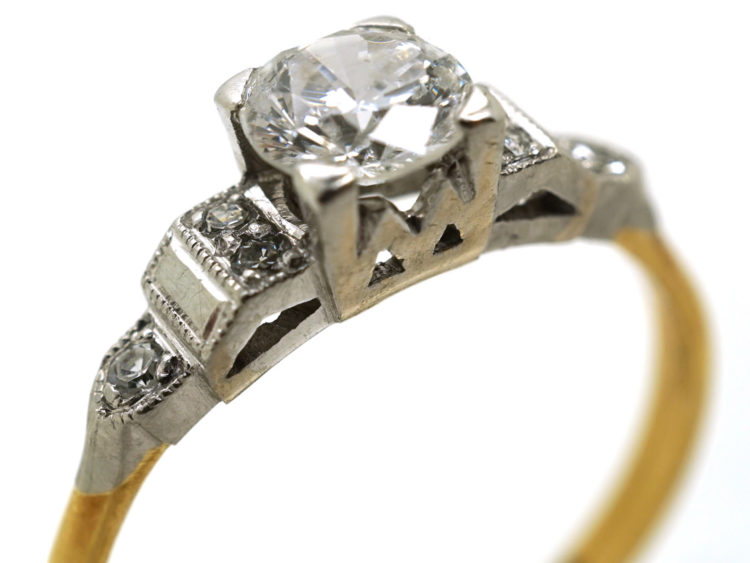 Art Deco 18ct Gold & Platinum, Diamond Solitaire Ring With Step Cut Diamond Shoulders