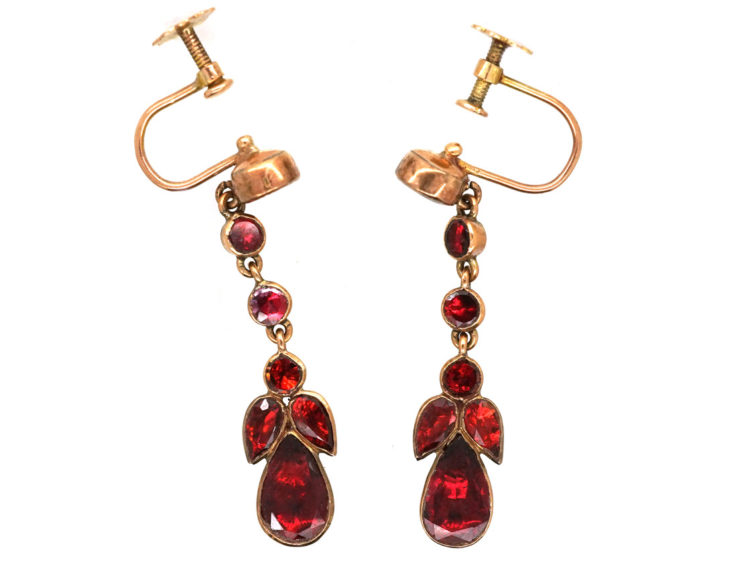 Edwardian 9ct Gold & Flat Cut Garnet Drop Earrings
