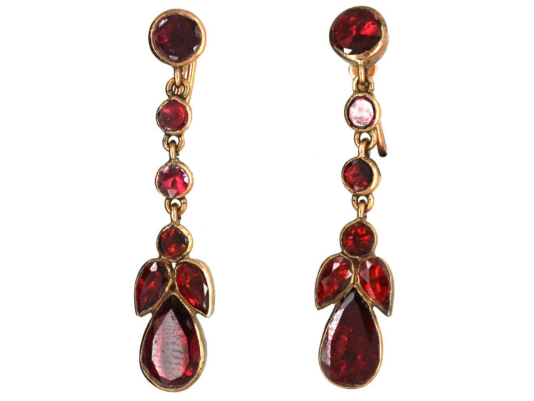 Edwardian 9ct Gold & Flat Cut Garnet Drop Earrings