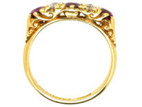 Edwardian 18ct Gold Three Stone Ruby & Diamond Carved Half Hoop Ring