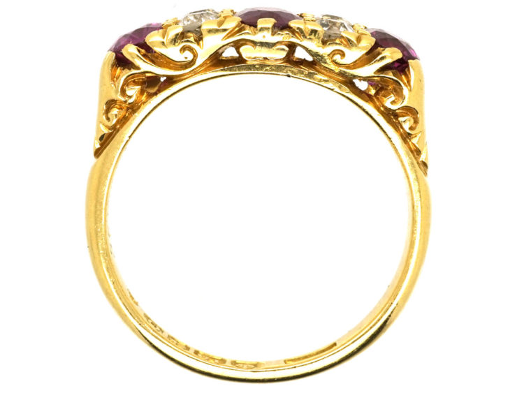 Edwardian 18ct Gold Three Stone Ruby & Diamond Carved Half Hoop Ring