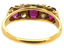 Edwardian 18ct Gold Three Stone Ruby & Diamond Carved Half Hoop Ring