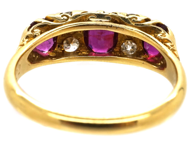 Edwardian 18ct Gold Three Stone Ruby & Diamond Carved Half Hoop Ring