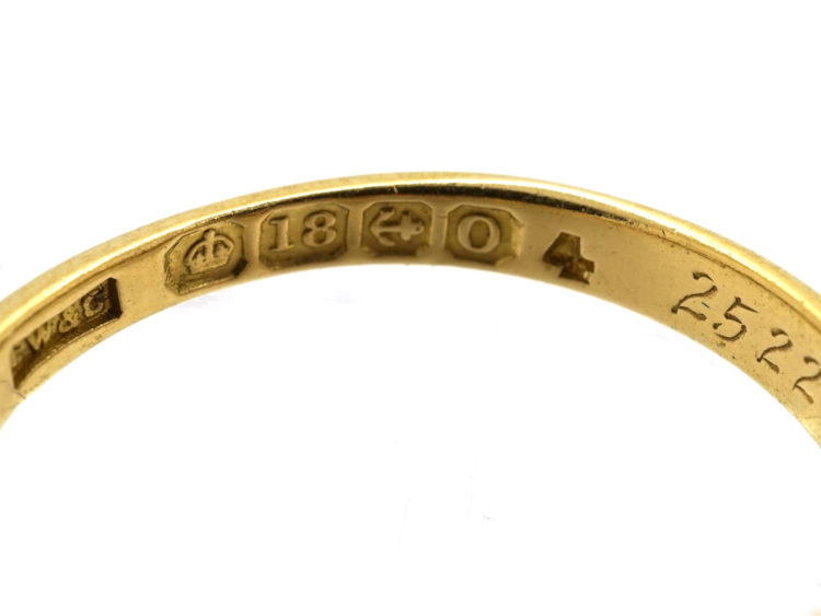 Edwardian 18ct Gold Three Stone Ruby & Diamond Carved Half Hoop Ring