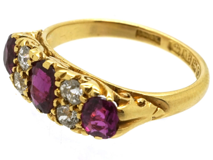 Edwardian 18ct Gold Three Stone Ruby & Diamond Carved Half Hoop Ring