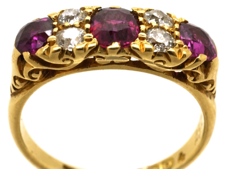 Edwardian 18ct Gold Three Stone Ruby & Diamond Carved Half Hoop Ring
