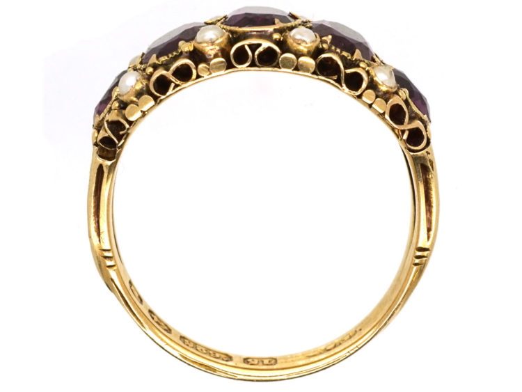 Victorian 15ct Gold, Almandine Garnet & Natural Split Pearls Ring
