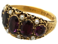 Victorian 15ct Gold, Almandine Garnet & Natural Split Pearls Ring