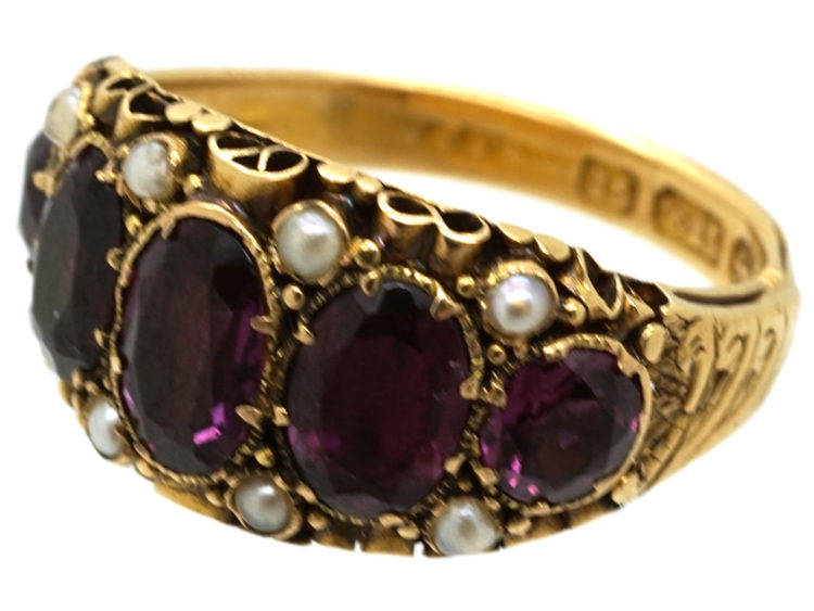 Victorian 15ct Gold, Almandine Garnet & Natural Split Pearls Ring