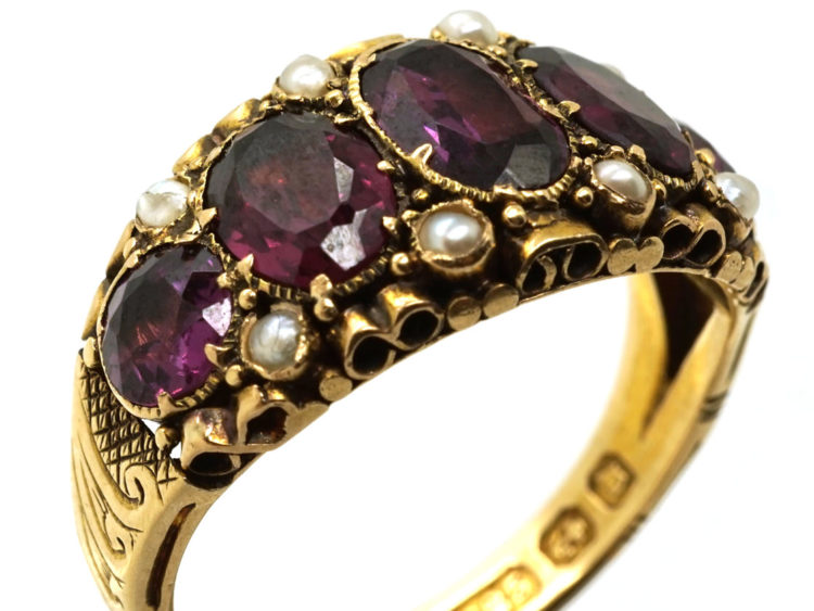Victorian 15ct Gold, Almandine Garnet & Natural Split Pearls Ring
