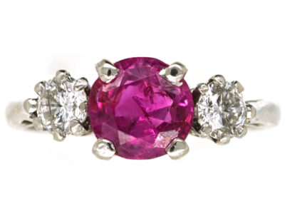 18ct White Gold & Platinum, Burma Ruby & Diamond Three Stone Ring
