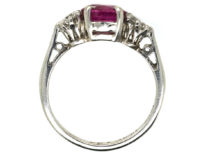 18ct White Gold & Platinum, Burma Ruby & Diamond Three Stone Ring