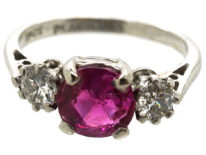 18ct White Gold & Platinum, Burma Ruby & Diamond Three Stone Ring
