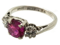 18ct White Gold & Platinum, Burma Ruby & Diamond Three Stone Ring