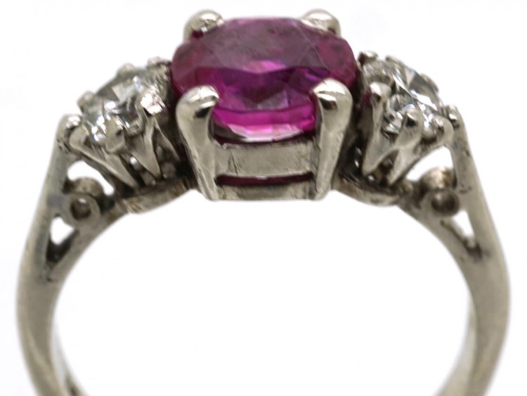18ct White Gold & Platinum, Burma Ruby & Diamond Three Stone Ring