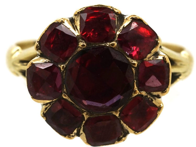 Georgian 18ct Gold Flat Cut Almandine Garnet Cluster Ring