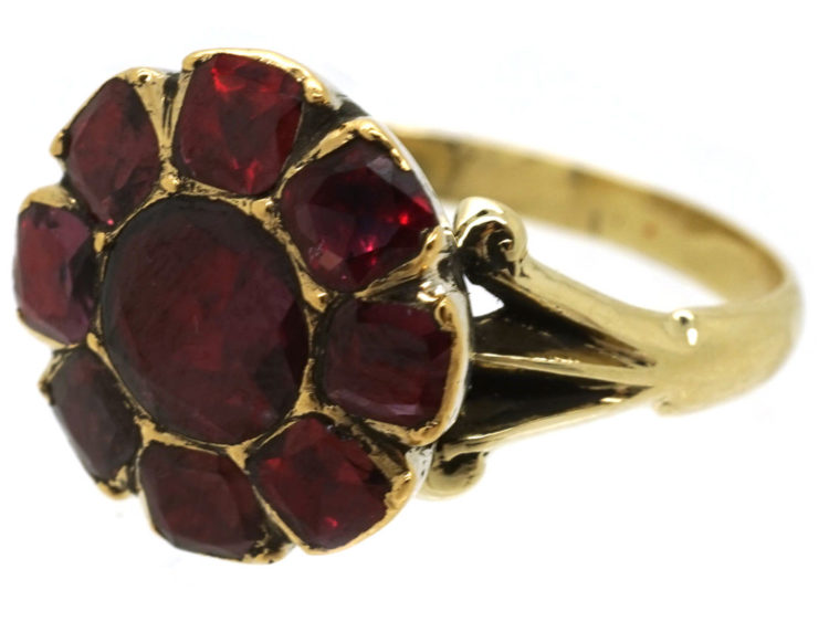 Georgian 18ct Gold Flat Cut Almandine Garnet Cluster Ring