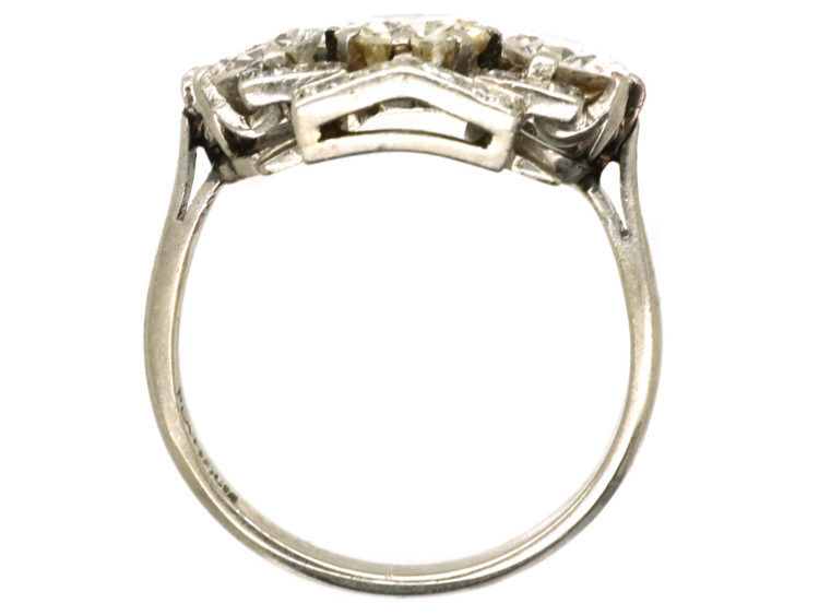 Art Deco Platinum & Three Stone Diamond Ring Within a Geometric Setting