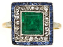 Art Deco Sapphire, Emerald & Diamond Square Ring