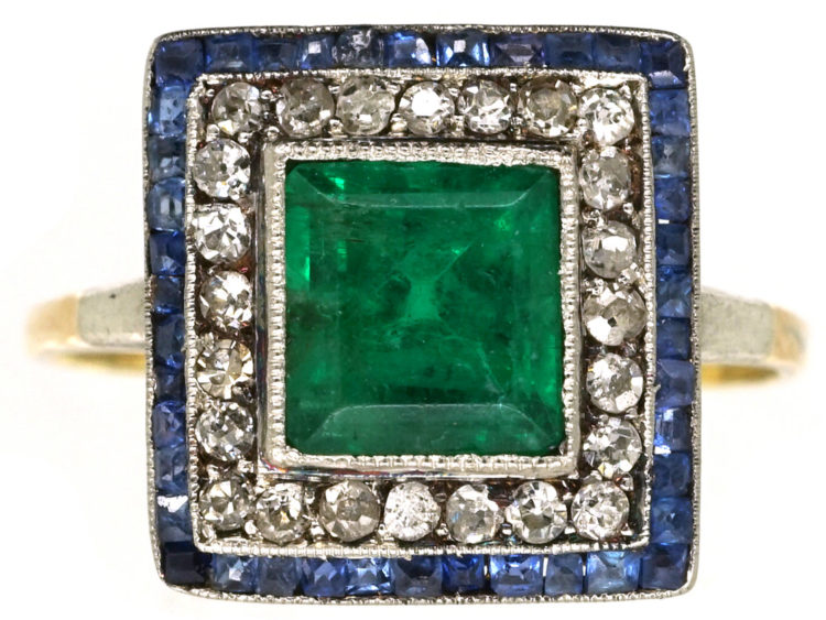 Art Deco Sapphire, Emerald & Diamond Square Ring