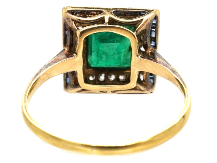 Art Deco Sapphire, Emerald & Diamond Square Ring