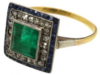 Art Deco Sapphire, Emerald & Diamond Square Ring