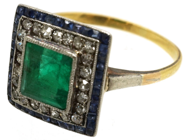 Art Deco Sapphire, Emerald & Diamond Square Ring