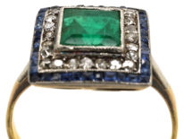 Art Deco Sapphire, Emerald & Diamond Square Ring