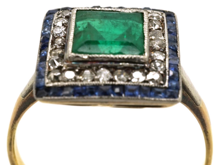Art Deco Sapphire, Emerald & Diamond Square Ring