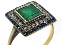 Art Deco Sapphire, Emerald & Diamond Square Ring
