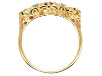 Edwardian 18ct Gold, Ruby & Diamond Carved Half Hoop Five Stone Ring
