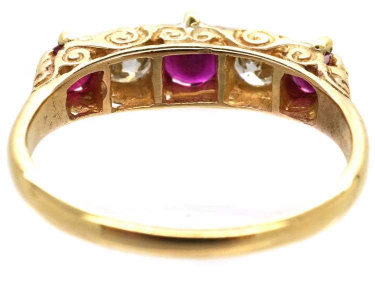 Edwardian 18ct Gold, Ruby & Diamond Carved Half Hoop Five Stone Ring
