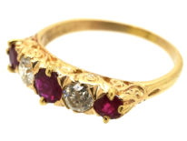 Edwardian 18ct Gold, Ruby & Diamond Carved Half Hoop Five Stone Ring